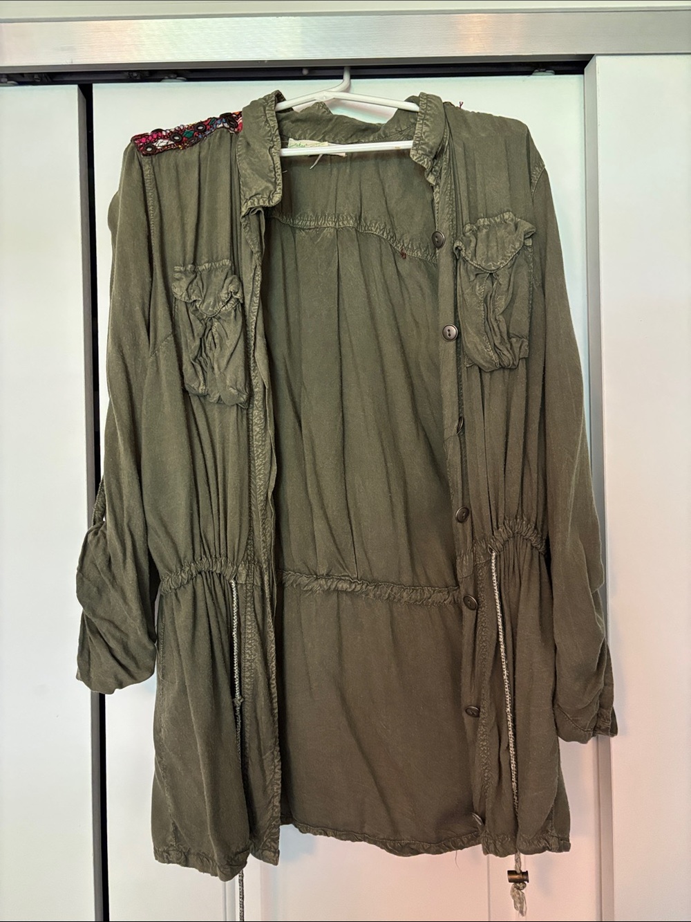 Urban Outfitters Olive Utility Shirt Jacket with Embroidered Shoulder
